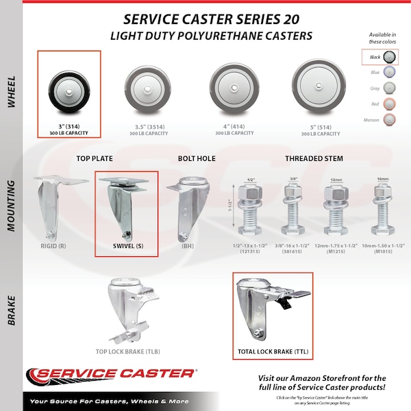 Service Caster 3 Inch SS Black Polyurethane Top Plate Caster with Total Lock Brake SCC SCC-SSTTL20S314-PPUB-BLK - main